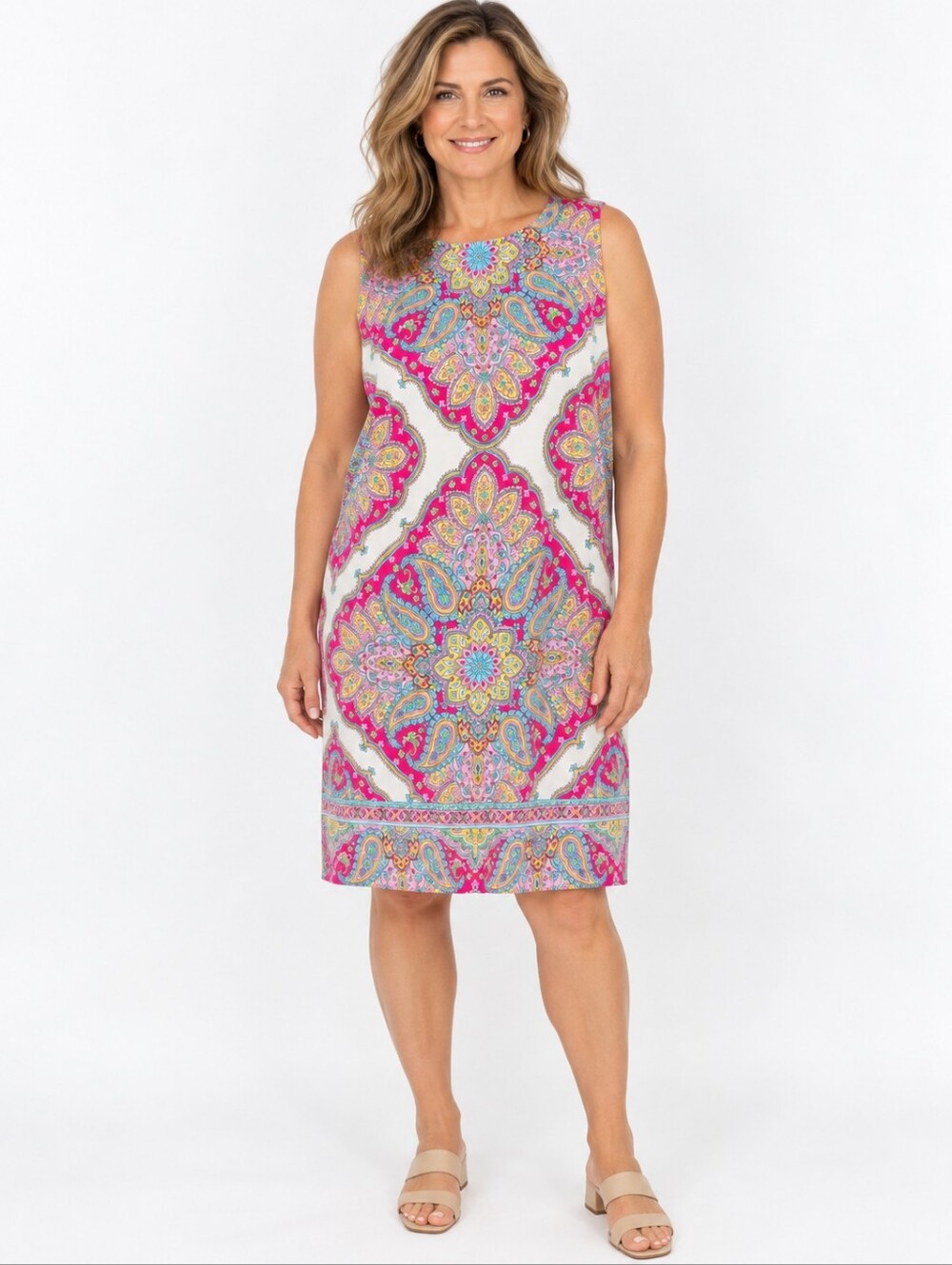 London Times Paisley Shift Dress Womens 16 Pink Multicolor Sleeveless Stretch